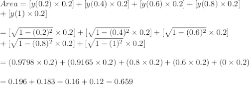 Area= [y(0.2)\times0.2]+[y(0.4)\times0.2]+[y(0.6)\times0.2]+[y(0.8)\times0.2] \\ +[y(1)\times0.2] \\  \\ =[\sqrt{1-(0.2)^2}\times0.2]+[\sqrt{1-(0.4)^2}\times0.2]+[\sqrt{1-(0.6)^2}\times0.2] \\ +[\sqrt{1-(0.8)^2}\times0.2]+[\sqrt{1-(1)^2}\times0.2] \\  \\ =(0.9798\times0.2)+(0.9165\times0.2)+(0.8\times0.2)+(0.6\times0.2)+(0\times0.2) \\  \\ =0.196+0.183+0.16+0.12=0.659