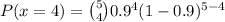P(x=4)=\binom{5}{4}0.9^{4}(1-0.9)^{5-4}