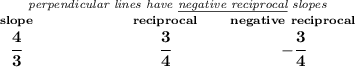 \bf \stackrel{\textit{perpendicular lines have \underline{negative reciprocal} slopes}} {\stackrel{slope}{\cfrac{4}{3}}\qquad \qquad \qquad \stackrel{reciprocal}{\cfrac{3}{4}}\qquad \stackrel{negative~reciprocal}{-\cfrac{3}{4}}}