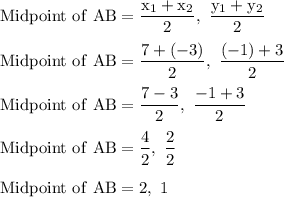 \rm Midpoint \ of \ AB = \dfrac{x_1+x_2}{2}, \ \dfrac{y_1+y_2}{2}\\\\\rm Midpoint \ of \ AB = \dfrac{7+(-3)}{2}, \ \dfrac{(-1)+3}{2}\\\\\rm Midpoint \ of \ AB = \dfrac{7-3}{2}, \ \dfrac{-1+3}{2}\\\\\rm Midpoint \ of \ AB = \dfrac{4}{2}, \ \dfrac{2}{2}\\\\\rm Midpoint \ of \ AB = 2, \ 1