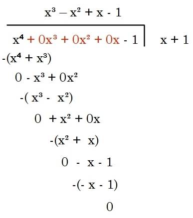 How to solve x to the power of 4 minus 1 divided by x plus 1 (x^4 - 1 ) ÷ (x + 1) long division way?
