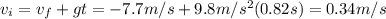 v_{i} =v_{f} +gt= -7.7m/s+9.8m/s^2(0.82 s) =0.34 m/s