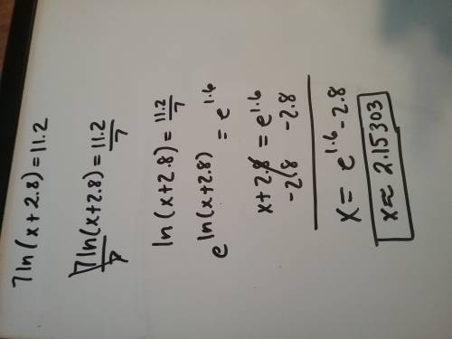 What is the solution to 7ln(x+2.8)=11.2