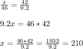 \frac{x}{46}=\frac{42}{9.2}\\ \\ 9.2x=46*42\\ \\ x=\frac{46*42}{9.2}=\frac{1932}{9.2}=210