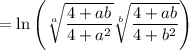 =\ln\left(\sqrt[a]{\dfrac{4+ab}{4+a^2}}\sqrt[b]{\dfrac{4+ab}{4+b^2}}\right)