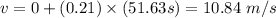 v = 0 + (0.21) \times (51.63 s)= 10.84 \ m/s