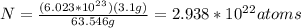 N=\frac{(6.023*10^2^3)(3.1g)}{63.546g} =2.938*10^2^2atoms