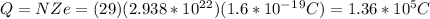 Q=NZe=(29)(2.938*10^2^2)(1.6*10^-^1^9C)=1.36*10^5C