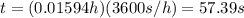 t=(0.01594h)(3600s/h)=57.39s