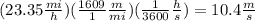 (23.35 \frac{mi}{h}) (\frac{1609}{1}\frac{m}{mi}) (\frac {1}{3600}\frac{h}{s}) = 10.4 \frac{m}{s}