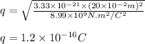 q=\sqrt{\frac{3.33\times10^{-21}\times(20\times10^{-2} m)^2 }{8.99\times 10^{9} N.m^2/C^2 } }\\\\q=1.2\times 10^{-16} C