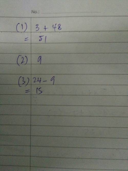 Write questions to match the expressions 1. 3 + (4x12) 2. 36 divided by 4 3. 24 - (6+3)