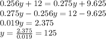 0.256y+12=0.275y+9.625\\&#10;0.275y-0.256y=12-9.625\\&#10;0.019y=2.375\\&#10;y=\frac{2.375}{0.019}=125