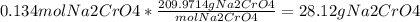 0.134 mol Na2CrO4 *\frac{209.9714 g Na2CrO4}{ molNa2CrO4} =28.12 g Na2CrO4