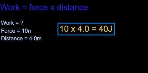 Calculate the work done when a 10 n force pushes against a cart 4.0 m