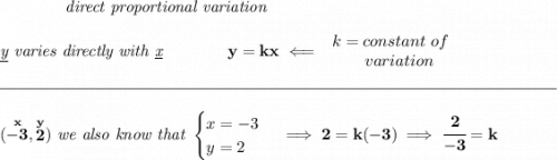\bf \qquad \qquad \textit{direct proportional variation}&#10;\\\\&#10;\textit{\underline{y} varies directly with \underline{x}}\qquad \qquad y=kx\impliedby&#10;\begin{array}{llll}&#10;k=constant\ of\\&#10;\qquad variation&#10;\end{array}&#10;\\\\[-0.35em]&#10;\rule{34em}{0.25pt}\\\\&#10;(\stackrel{x}{-3},\stackrel{y}{2})\textit{ we also know that }&#10;\begin{cases}&#10;x=-3\\&#10;y=2&#10;\end{cases}\implies 2=k(-3)\implies \cfrac{2}{-3}=k