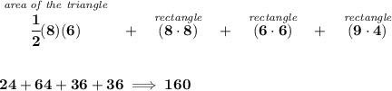 \bf \stackrel{\textit{area of the triangle}}{\cfrac{1}{2}(8)(6)}~~+~~\stackrel{\textit{rectangle}}{(8\cdot 8)}~~+~~\stackrel{\textit{rectangle}}{(6\cdot 6)}~~+~~\stackrel{\textit{rectangle}}{(9\cdot 4)}&#10;\\\\\\&#10;24+64+36+36\implies 160