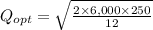 Q_{opt} = \sqrt{\frac{2\times 6,000\times 250}{12}}