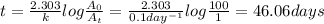 t=\frac{2.303}{k}log\frac{A_{0}}{A_{t}}=\frac{2.303}{0.1 day^{-1}}log\frac{100}{1}=46.06 days