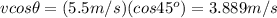 vcos\theta = (5.5 m/s)(cos45^o)=3.889 m/s