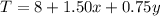 T=8+ 1.50 x+0.75y