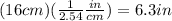 (16cm) (\frac{1}{2.54}\frac{in}{cm}) = 6.3in