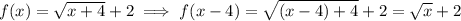f(x) = \sqrt{x+4}+2 \implies f(x-4) = \sqrt{(x-4)+4}+2 = \sqrt{x}+2