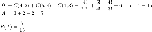 |\Omega|=C(4,2)+C(5,4)+C(4,3)=\dfrac{4!}{2!2!}+\dfrac{5!}{4!}+\dfrac{4!}{3!}=6+5+4=15\\&#10;|A|=3+2+2=7\\\\&#10;P(A)=\dfrac{7}{15}