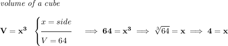 \bf \textit{volume of a cube}\\\\V=x^3~~\begin{cases}x=side\\[-0.5em]\hrulefill\\V=64\end{cases}\implies 64=x^3\implies \sqrt[3]{64}=x\implies 4=x