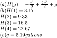 (a)H(g)=-\frac{g^3}{3}+ \frac{5g^2}{2}+g\\(b)H(1)=3.17\\H(2)=9.33\\H(3)=16.5\\H(4)=22.67\\(c)g=5.19 gallons