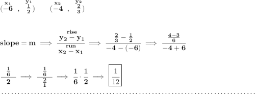 \bf (\stackrel{x_1}{-6}~,~\stackrel{y_1}{\frac{1}{2}})\qquad  (\stackrel{x_2}{-4}~,~\stackrel{y_2}{\frac{2}{3}}) \\\\\\ slope =  m\implies  \cfrac{\stackrel{rise}{ y_2- y_1}}{\stackrel{run}{ x_2- x_1}}\implies \cfrac{~~\frac{2}{3}-\frac{1}{2}~~}{-4-(-6)}\implies \cfrac{~~\frac{4-3}{6}~~}{-4+6} \\\\\\ \cfrac{~~\frac{1}{6}~~}{2}\implies \cfrac{~~\frac{1}{6}~~}{\frac{2}{1}}\implies \cfrac{1}{6}\cdot \cfrac{1}{2}\implies \boxed{\cfrac{1}{12} } \\\\[-0.35em] ~\dotfill