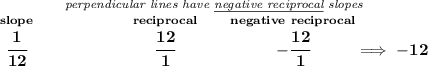 \bf \stackrel{\textit{perpendicular lines have \underline{negative reciprocal} slopes}} {\stackrel{slope}{\cfrac{1}{12}}\qquad \qquad \qquad \stackrel{reciprocal}{\cfrac{12}{1}}\qquad \stackrel{negative~reciprocal}{-\cfrac{12}{1}}\implies -12}