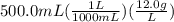 500.0mL(\frac{1L}{1000mL})(\frac{12.0g}{L})