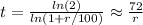 t= \frac{ln(2)}{ln(1+r/100)} \approx \frac{72}{r}