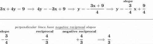 \bf 3x+4y=9\implies 4y=-3x+9\implies y=-\cfrac{3x+9}{4}\implies y=\stackrel{slope}{-\cfrac{3}{4}}x+\cfrac{9}{4} \\\\[-0.35em] \rule{34em}{0.25pt}\\\\ \stackrel{\textit{perpendicular lines have \underline{negative reciprocal} slopes}} {\stackrel{slope}{-\cfrac{3}{4}}\qquad \qquad \qquad \stackrel{reciprocal}{-\cfrac{4}{3}}\qquad \stackrel{negative~reciprocal}{+\cfrac{4}{3}}\implies \cfrac{4}{3}}