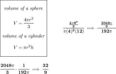 \bf \begin{array}{|c|ll} \cline{1-1}\\ \textit{volume of a sphere}\\\\ V=\cfrac{4\pi r^3}{3}\\\\ \textit{volume of a cylinder}\\\\ V=\pi r^2 h\\\\ \cline{1-1} \end{array}~\hspace{3em}\cfrac{~~\frac{4\pi 8^3}{3}~~}{\pi (4)^2(12)}\implies \cfrac{~~\frac{2048\pi }{3}~~}{192\pi } \\\\\\ \cfrac{2048\pi }{3}\cdot \cfrac{1}{192\pi }\implies \cfrac{32}{9}