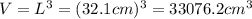 V=L^3 =(32.1 cm)^3 =33076.2 cm^3