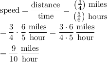 \text{speed}=\dfrac{\text{distance}}{\text{time}}=\displaystyle\frac{\left(\frac{3}{4}\right)\,\text{miles}}{\left(\frac{5}{6}\right)\,\text{hours}}\\\\=\frac{3}{4}\cdot\frac{6}{5}\,\frac{\text{miles}}{\text{hour}}=\frac{3\cdot 6}{4\cdot 5}\,\frac{\text{miles}}{\text{hour}}\\\\=\frac{9}{10}\,\frac{\text{miles}}{\text{hour}}