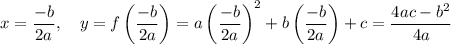 x = \dfrac{-b}{2a},\quad y = f\left(\dfrac{-b}{2a}\right) = a\left(\dfrac{-b}{2a}\right)^2 + b\left(\dfrac{-b}{2a}\right) + c = \dfrac{4ac-b^2}{4a}