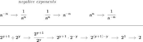 \bf ~~~~~~~~~~~~\textit{negative exponents} \\\\ a^{-n} \implies \cfrac{1}{a^n} \qquad \qquad \cfrac{1}{a^n}\implies a^{-n} \qquad \qquad  a^n\implies \cfrac{1}{a^{-n}}\\\\[-0.35em] \rule{31em}{0.25pt}\\\\ 2^{y+1}\div 2^y\implies \cfrac{2^{y+1}}{2^y}\implies 2^{y+1}\cdot 2^{-y}\implies 2^{(y+1)-y}\implies 2^1\implies 2