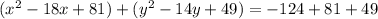(x^2-18x+81)+(y^2-14y+49)=-124+81+49