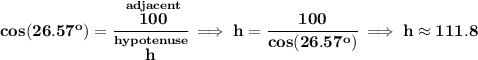 \bf cos(26.57^o)=\cfrac{\stackrel{adjacent}{100}}{\stackrel{hypotenuse}{h}}\implies h=\cfrac{100}{cos(26.57^o)}\implies h\approx 111.8