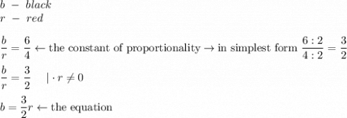b\ -\ black\\r\ -\ red\\\\\dfrac{b}{r}=\dfrac{6}{4}\leftarrow\text{the constant of proportionality}\to \text{in simplest form}\ \dfrac{6:2}{4:2}=\dfrac{3}{2}\\\\\dfrac{b}{r}=\dfrac{3}{2}\ \ \ \ |\cdot r\neq0\\\\b=\dfrac{3}{2}r\leftarrow\text{the equation}
