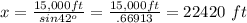 x=\frac{15,000ft}{sin42^o}=\frac{15,000ft}{.66913}=22420\ ft