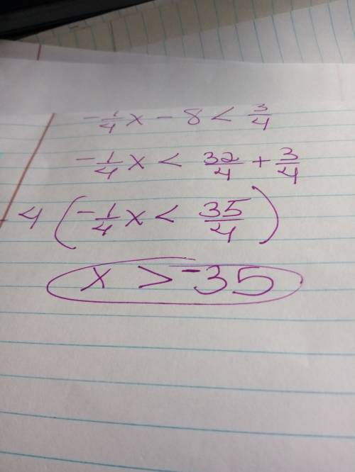 Solve the inequality. -1/4x - 8 <  3/4