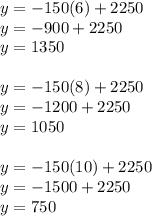 y=-150(6)+2250\\ y=-900+2250\\ y=1350\\ \\ y=-150(8)+2250\\ y=-1200+2250\\ y=1050\\ \\ y=-150(10)+2250\\ y=-1500+2250\\ y=750