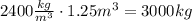 2400 \frac{kg}{m^3} \cdot 1.25 m^3=3000 kg