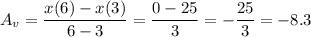 A_v=\dfrac{x(6)-x(3)}{6-3}=\dfrac{0-25}{3}=-\dfrac{25}{3}=-8.3