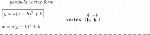 \bf ~~~~~~\textit{parabola vertex form} \\\\ \begin{array}{llll} \boxed{y=a(x- h)^2+ k}\\\\ x=a(y- k)^2+ h \end{array} \qquad\qquad vertex~~(\stackrel{\frac{5}{2}}{ h},\stackrel{-\frac{1}{4}}{ k})\\\\ -------------------------------
