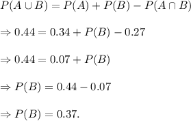 P(A\cup B)=P(A)+P(B)-P(A\cap B)\\\\\Rightarrow 0.44=0.34+P(B)-0.27\\\\\Rightarrow 0.44=0.07+P(B)\\\\\Rightarrow P(B)=0.44-0.07\\\\\Rightarrow P(B)=0.37.
